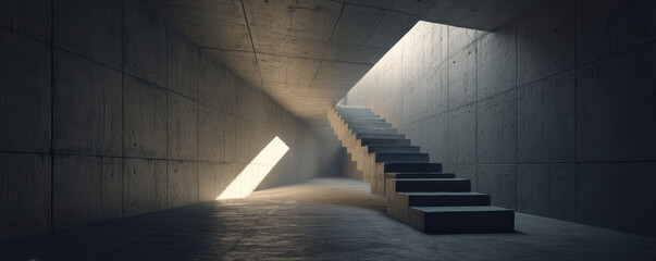 Poster - serene interior space featuring monolithic concrete walls and floating staircase illuminated by natural light