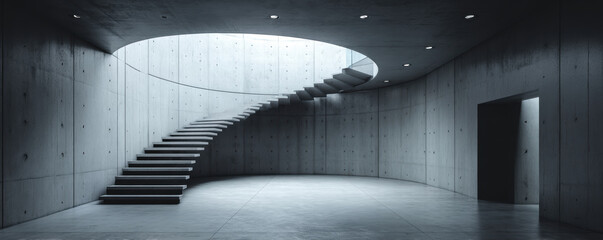 Poster - Minimalist concrete space with clean lines and spiral staircase, creating modern and serene atmosphere