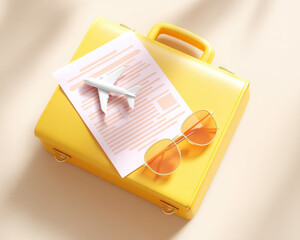 Wall Mural - vibrant yellow suitcase holds paper with aeroplane design and stylish sunglasses, perfect for travel insurance business trip