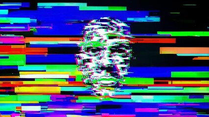 Poster - Digital face glitching dramatically, representing cybersecurity vulnerabilities and growing risks of data breaches in interconnected technological landscape