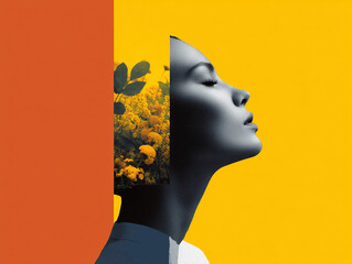 Poster - woman in profile with floral collage and vibrant colors creates striking artistic composition