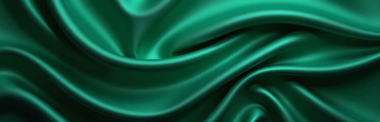 Poster - Rich Dark Green Silk Satin Features A Shiny Surface With Wavy Folds, Ideal For Elegant Backgrounds With Design Space.