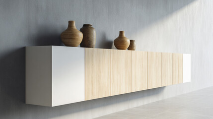 Poster - Modern luxury wood cabinet with plain color accent, featuring decorative vases on top
