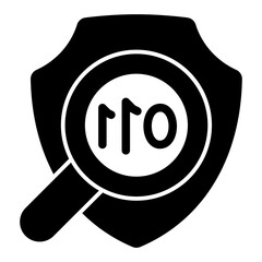 Poster - data with magnifier on emblem solid icon, data encryption concept. vector graphics. safety emblem wi