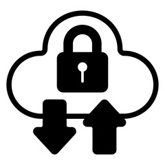 Fototapete - Cloud with lock and arrows solid icon, data protection concept. Vector graphics. Secure uploading sign on white background, glyph style mobile or design.