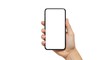 © Design - Woman hand holding smartphone blank screen mockup isolated white background minimal design