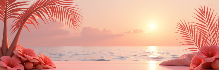 Poster - Soft Pastel Hues Of Coral And Peach Paint A Serene Tropical Summer Scene With Elegant Evening Light And Warm Sun.
