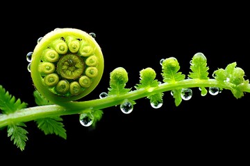 Wall Mural - New fern frond partially uncurled droplets 