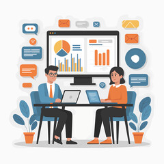 Poster - Business analysis meeting: man and woman analyzing charts, email, and data.