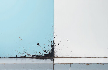 Poster - Splashes Of Paint On Concrete Contrast With Brushstrokes On Gray, Creating An Abstract Expressionist Scene With A Light Blue Background.