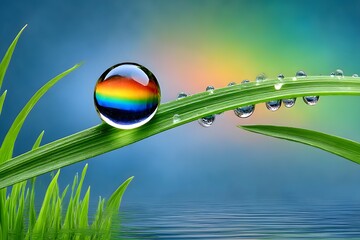 Wall Mural - Raindrop catching rainbow spectrum on blade