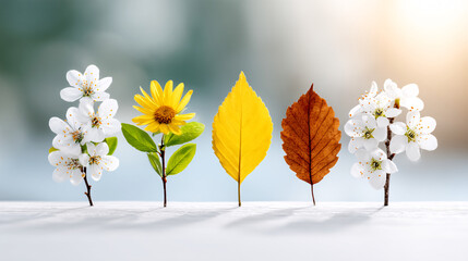 vibrant display of seasonal change with spring flowers and autumn leaves, showcasing nature beauty a