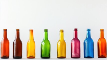 Poster - A series of colorful empty glass bottles arranged in a row against a white background. The vibrant colors showcase a modern and artistic display for various design projects.