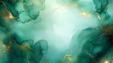 Poster - Elegant green and gold alcohol ink painting creating stunning abstract background