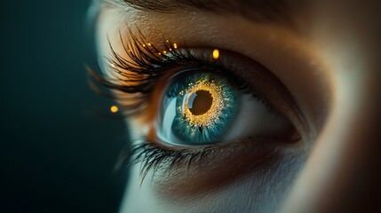 Poster - Woman's eye reflecting futuristic digital network of lights