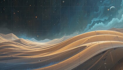 Poster - Exploring dunes and celestial wonders desert landscape digital artwork surreal environment wide-angle view imagination in space