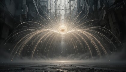 Poster - Dynamic light burst event urban setting visual art surreal environment wide-angle view illumination concept for creative expression