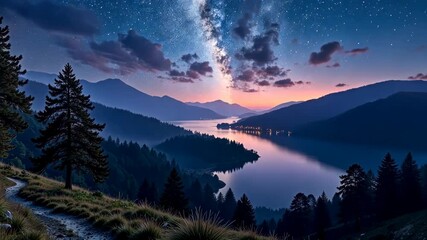 Wall Mural - Twilight descends upon a serene lake nestled amidst majestic mountains and beneath a starlit sky