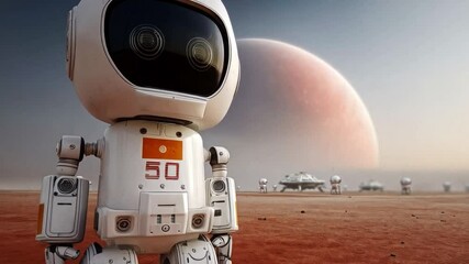 Aufkleber - A humanoid robot stands on a red alien terrain, scanning its surroundings. Two distant planets loom large in the sky as other robotic units conduct exploration nearby.
