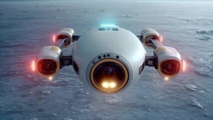 Aufkleber - An advanced exploration device hovers silently over an alien landscape, equipped with multiple sensors and lights.