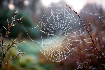 Wall Mural - Spiderweb with both dewdrops and frost captured