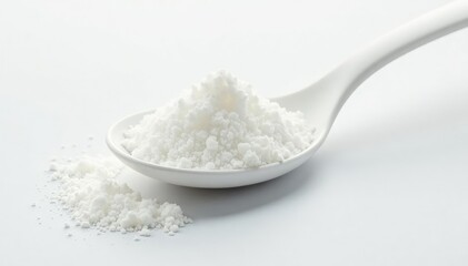 Wall Mural - Spoonful of white sugar against white backdrop, confectionery, still life, macro