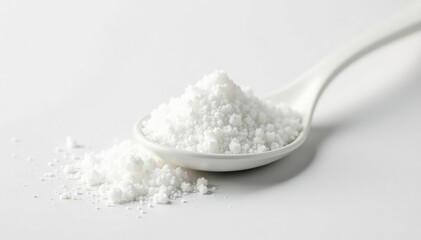 Wall Mural - Spoonful of white sugar against white backdrop, ingredient, closeup