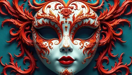Wall Mural - Symmetrical swirls, intricate lines on a painted mask , still life, close-up
