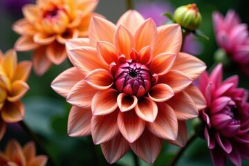 Wall Mural - Close-up dahlia flower arrangement, complex layered petals, rich hues , nature, design, color