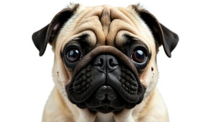 Wall Mural - Close-up of a pug's face, isolated, pure white backdrop, animal, pet lover, close-up