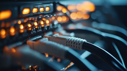 Poster - Close-up view of interconnected network cables plugged into a server, showcasing vibrant LED lights. This image highlights modern technology and connectivity in data infrastructure.