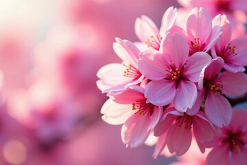 Wall Mural - Dense cluster of sakura, overlapping petals, vibrant pink hues, macro, cherry blossom