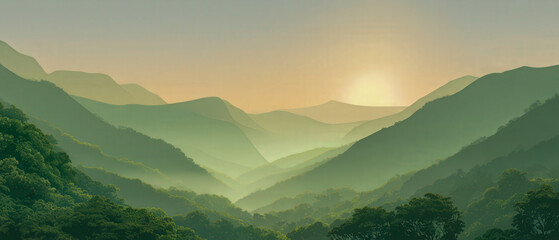 Wall Mural - A mountain range with a sun setting in the background