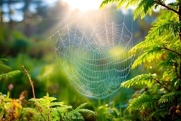 Wall Mural - Spiderweb with dew in sunlight fragile and radian