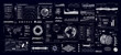 © SergeyBitos - Control system with HUD interface, screen monitor with 3D earth globe, UI frames, charts, diagram, data. Cyberpunk futuristic user interface HUD, UI. Security system interface. Vector FUI graphic set