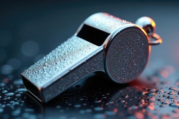 Wall Mural - Shiny silver whistle, metallic texture, close-up view, whistle, metal, signal