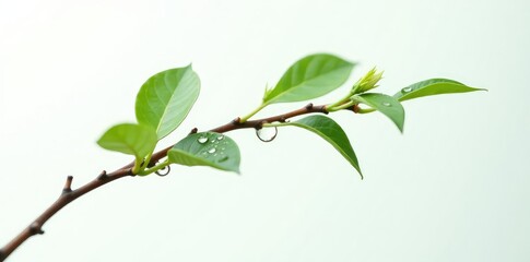Wall Mural - Single isolated branch with dew drops on white background, white background, natural element