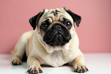 Wall Mural - Single pug, attentively looking, on seamless white , animal, attentive
