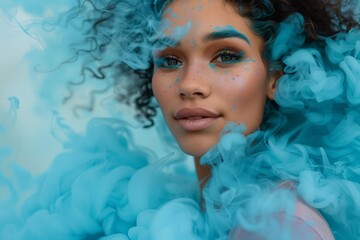 Poster - Model striking a pose with vibrant blue smoke on a clean white background.