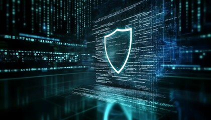 Poster - A computer screen filled with code, with a large digital shield icon in the foreground symbolizing antivirus protection. ,
