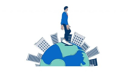 Poster - Worldwide global business doodle animation. Corporate ambition. International indian businessman walking around world animated 2D flat cartoon concept, white background. 4K video motion graphic