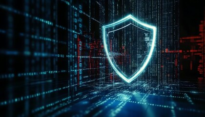 Poster - A computer screen filled with code, with a large digital shield icon in the foreground symbolizing antivirus protection. ,