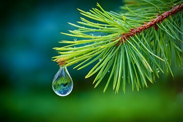 Wall Mural - Water drop hanging from pine needle refracting 