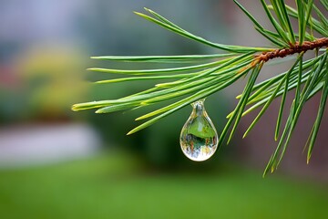 Wall Mural - Water drop hanging from pine needle refracting 