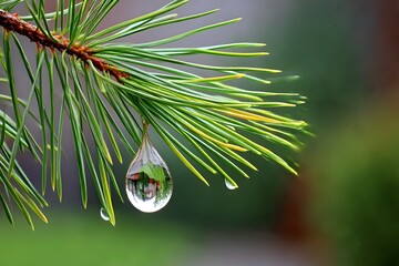 Wall Mural - Water drop hanging from pine needle refracting