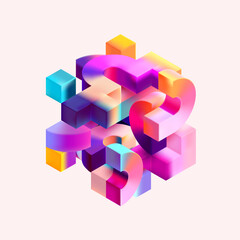 Fototapete - Multicolored 3D cube.  Glass iridescent geometric shape.