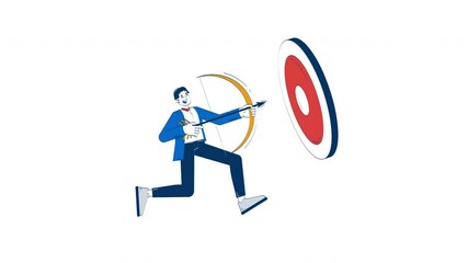 Poster - Businessman targeting goal with bow and arrow doodle animation. Accuracy achievement. Corporate archer marketing aim animated 2D flat cartoon concept, white background. 4K video motion graphic