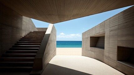 Poster - Modernist concrete structure with geometric shadows overlooking a calm ocean under clear blue sky