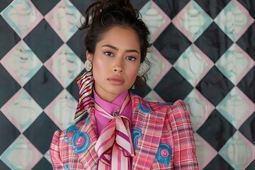 Poster - Bold Contrast: Confidently Posed Model in High Fashion Attire Against Checkerboard Backdrop