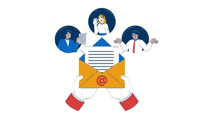 Poster - Business email communication doodle animation. Office workers correspondence. Collaborative messaging online employees animated 2D flat cartoon concept, white background. 4K video motion graphic